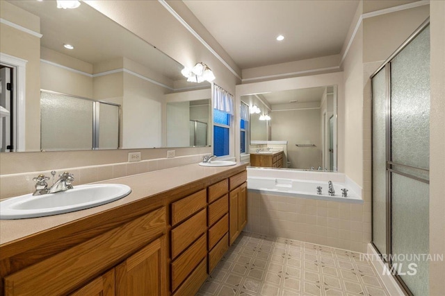 2920 S Givens Way, Meridian, ID 83642 - full bathroom featuring a shower stall, double vanity, tile patterned floors, a bath, and recessed lighting