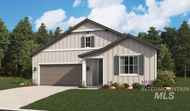 modern farmhouse style home featuring a front lawn, driveway, an attached garage, and board and batten siding