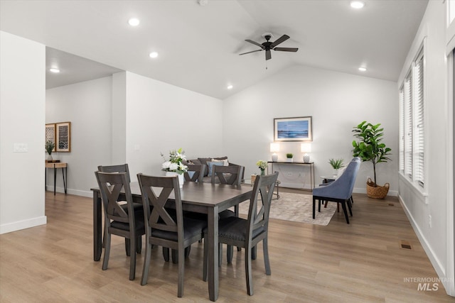 1866 W Windswept Dr, Meridian, ID 83646 - dining area featuring a ceiling fan, vaulted ceiling, recessed lighting, and light wood finished floors
