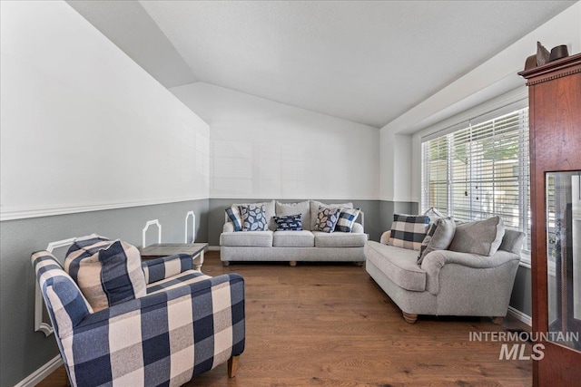living area with lofted ceiling and wood finished floors