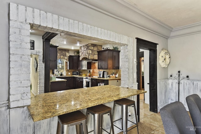 kitchen with sink, light stone counters, crown molding, dark brown cabinets, and stainless steel electric stove