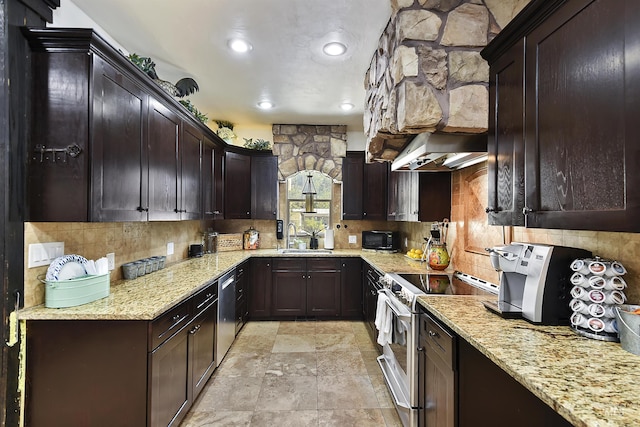 kitchen with sink, range with electric cooktop, light stone countertops, decorative backsplash, and stainless steel dishwasher