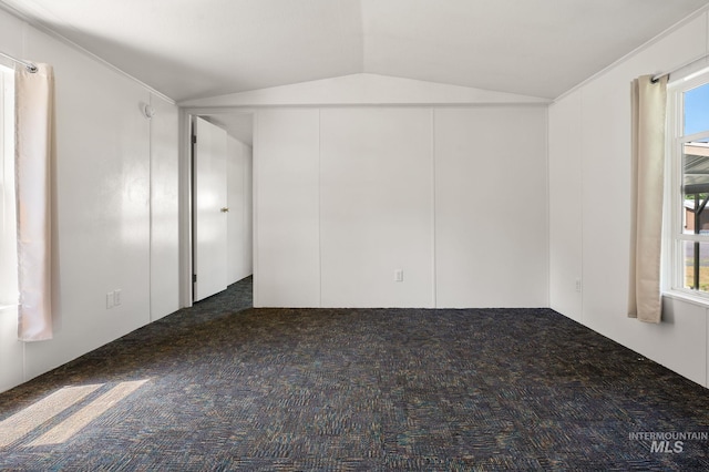 spare room featuring vaulted ceiling, carpet flooring, and plenty of natural light