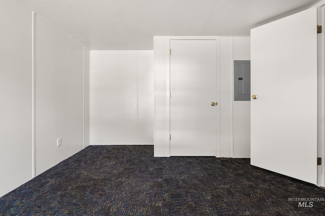 unfurnished bedroom featuring electric panel and carpet