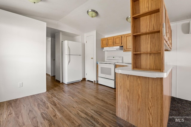 kitchen with white appliances, under cabinet range hood, open shelves, vaulted ceiling, and dark wood-style flooring