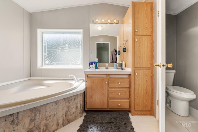 bathroom featuring tile patterned flooring, vanity, a bath, vaulted ceiling, and toilet