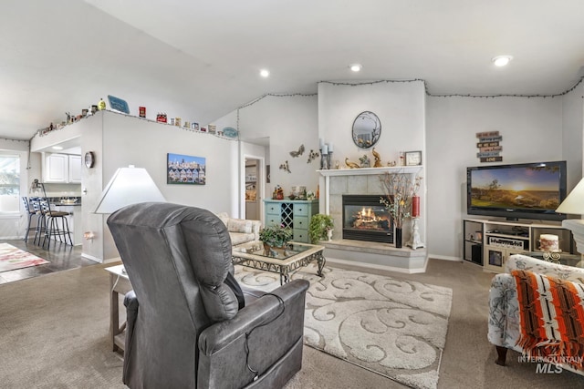 265 Cedar Park Cir, Twin Falls, ID 83301 - living area featuring carpet flooring, baseboards, a fireplace, and recessed lighting