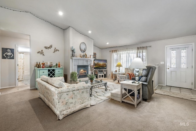 265 Cedar Park Cir, Twin Falls, ID 83301 - living area with carpet flooring, vaulted ceiling, a fireplace, and recessed lighting