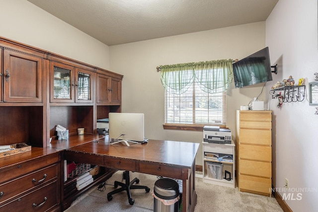 office area with light colored carpet and a textured ceiling