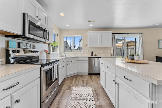 12817 Ironstone Dr, Nampa, ID 83651 - kitchen featuring appliances with stainless steel finishes, plenty of natural light, light wood-style flooring, light countertops, and recessed lighting