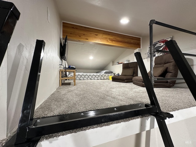 workout room featuring recessed lighting and lofted ceiling