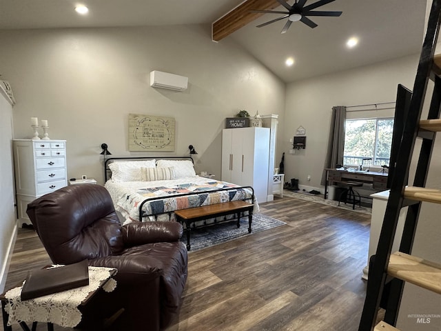 bedroom with dark wood-style flooring, an AC wall unit, high vaulted ceiling, recessed lighting, and beamed ceiling