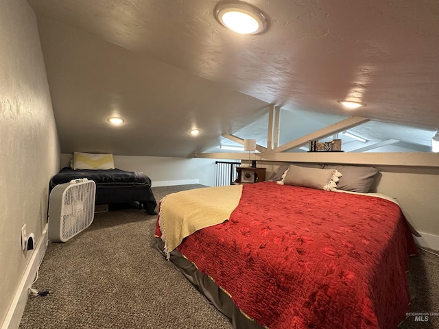 bedroom with baseboards, carpet flooring, and vaulted ceiling