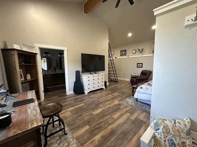living area with ceiling fan, high vaulted ceiling, baseboards, wood finished floors, and beamed ceiling