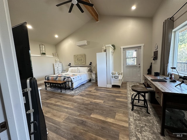 bedroom with high vaulted ceiling, recessed lighting, a wall unit AC, wood finished floors, and beamed ceiling