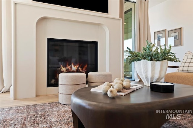 interior details with a glass covered fireplace and wood finished floors