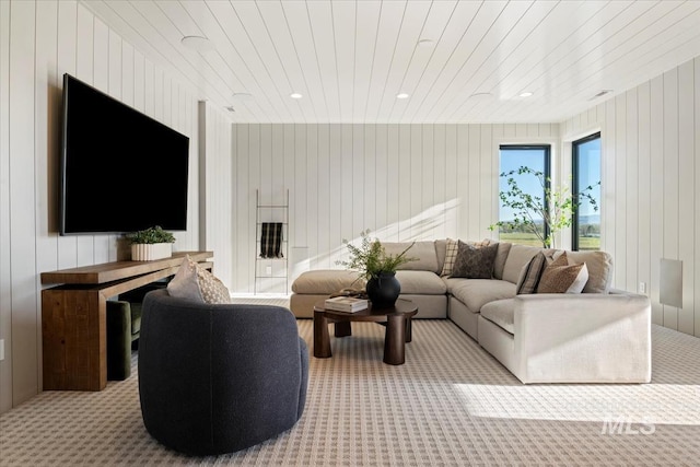 living room with wooden ceiling, carpet flooring, wooden walls, and recessed lighting