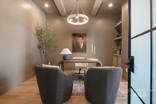 interior space with beamed ceiling, light wood-style flooring, and recessed lighting