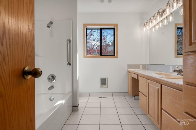 bathroom featuring vanity, tile patterned flooring, heating unit, and shower / bathtub combination