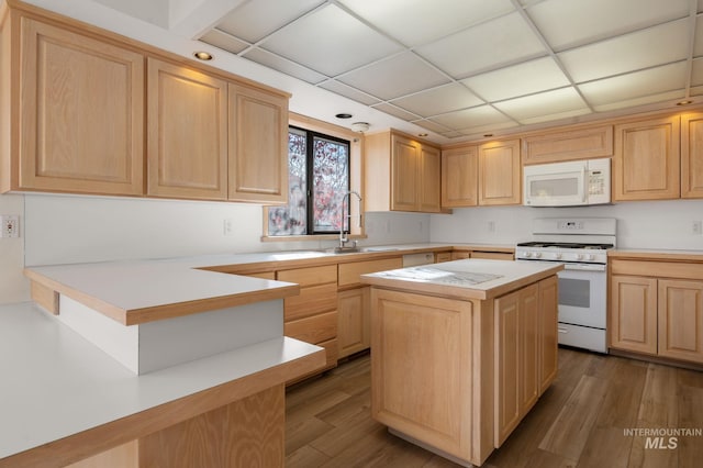 kitchen with light brown cabinetry, dark hardwood / wood-style floors, sink, a center island, and white appliances