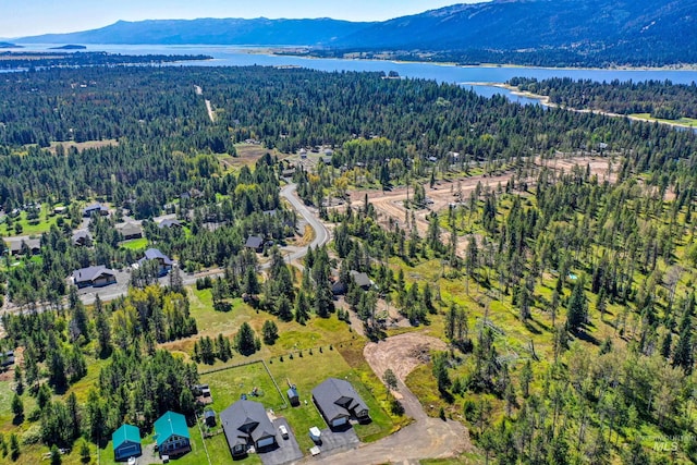 aerial view with a view of trees and a water and mountain view