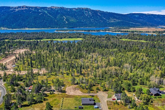 aerial view with a water and mountain view and a view of trees