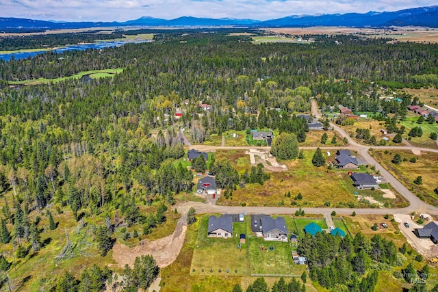 bird's eye view featuring a wooded view and a water and mountain view
