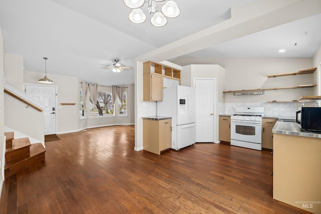 kitchen with white appliances, decorative backsplash, dark wood-type flooring, open shelves, and ceiling fan with notable chandelier