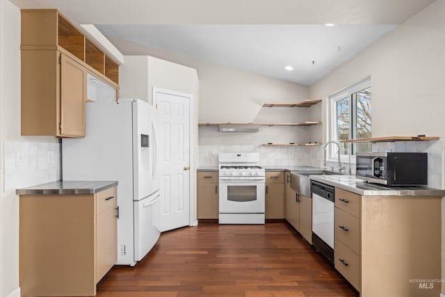 10748 W Hazelwood, Star, ID 83669 - kitchen with stainless steel countertops, white appliances, a sink, open shelves, and dark wood finished floors
