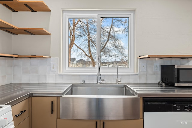 kitchen featuring open shelves, stainless steel counters, stainless steel microwave, backsplash, and dishwasher