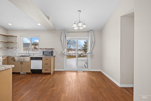 10748 W Hazelwood, Star, ID 83669 - kitchen with dishwashing machine, a sink, light countertops, open shelves, and dark wood-style floors
