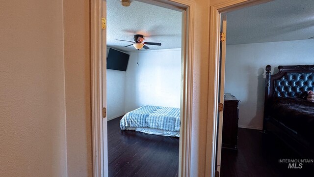 bedroom with baseboards, dark wood finished floors, a ceiling fan, and a textured ceiling