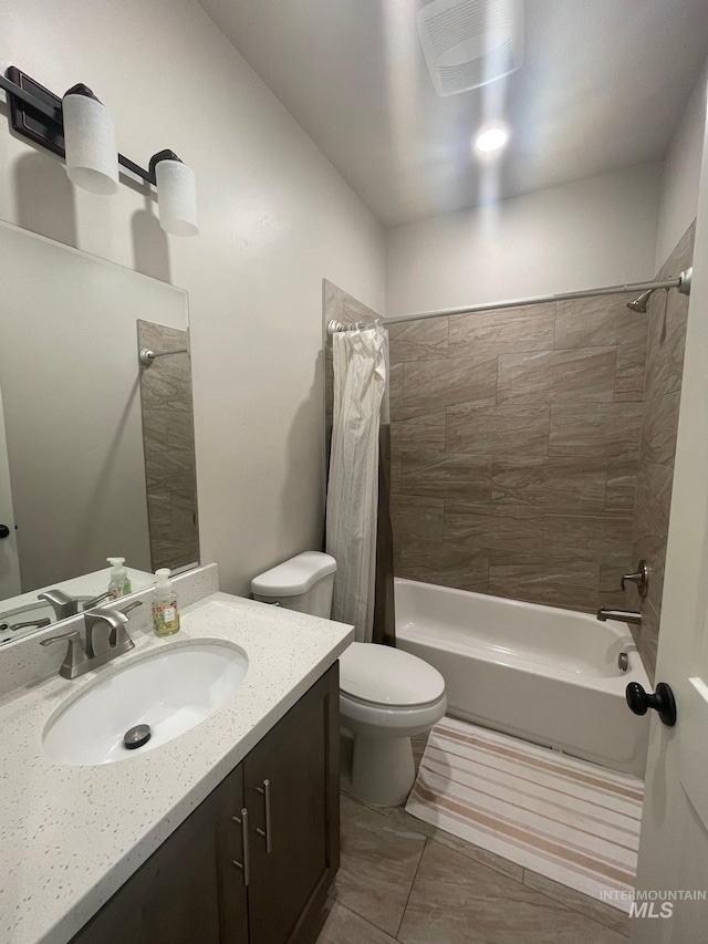 1111 Thunder Mountain St, Kimberly, ID 83341 - full bathroom with shower / bath combo with shower curtain, vanity, toilet, and tile patterned floors