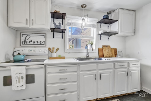 kitchen with open shelves, white range with electric cooktop, a sink, and white cabinetry