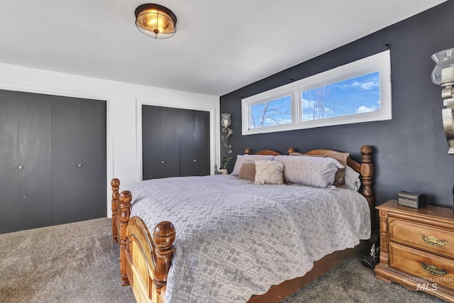 bedroom featuring carpet and multiple closets