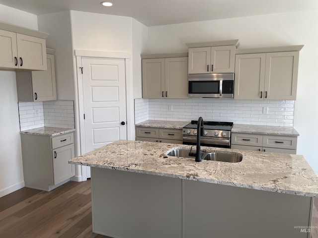 484 Hope Ave, Twin Falls, ID 83301 - kitchen with appliances with stainless steel finishes, wood finished floors, a sink, backsplash, and light stone counters