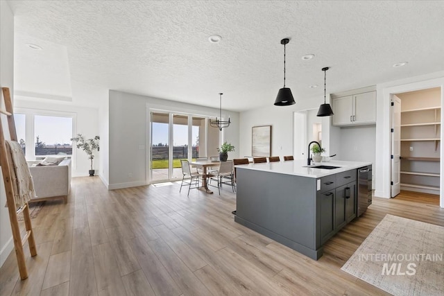 8447 W Happy Day Dr, Meridian, ID 83646 - kitchen featuring a sink, a textured ceiling, dishwashing machine, light countertops, and light wood finished floors