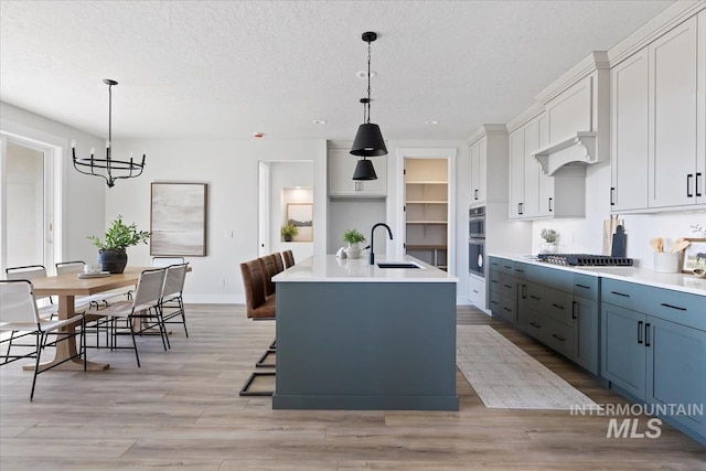 8447 W Happy Day Dr, Meridian, ID 83646 - kitchen featuring a sink, a textured ceiling, stainless steel appliances, light wood-type flooring, and a chandelier