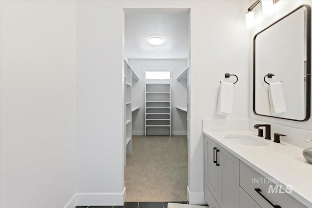 8447 W Happy Day Dr, Meridian, ID 83646 - bathroom with vanity, a spacious closet, a textured ceiling, baseboards, and built in features