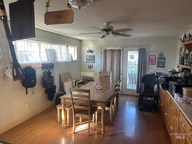 dining area featuring a wealth of natural light, ceiling fan, and hardwood / wood-style flooring