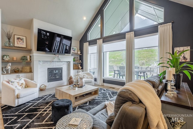 living area with a fireplace, wood finished floors, and high vaulted ceiling