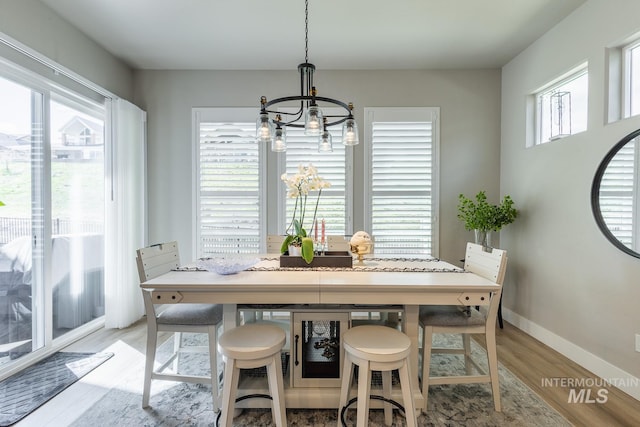 dining room with baseboards, wood finished floors, a wealth of natural light, and a chandelier