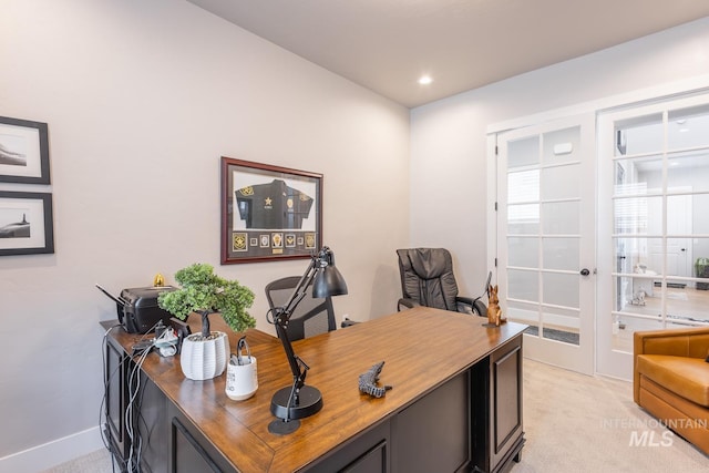 office area featuring french doors, baseboards, recessed lighting, and light colored carpet