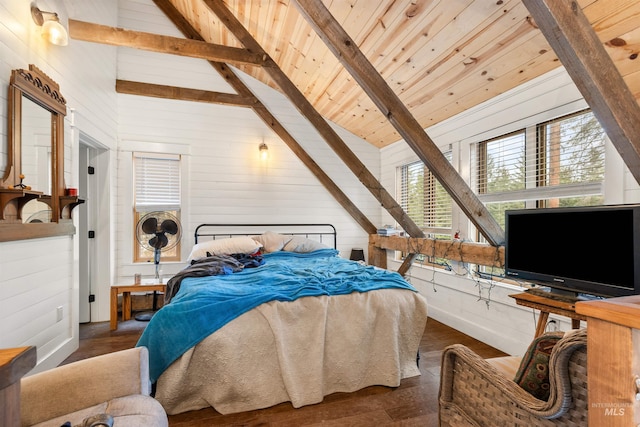 bedroom featuring beam ceiling, dark hardwood / wood-style flooring, wooden walls, and wood ceiling