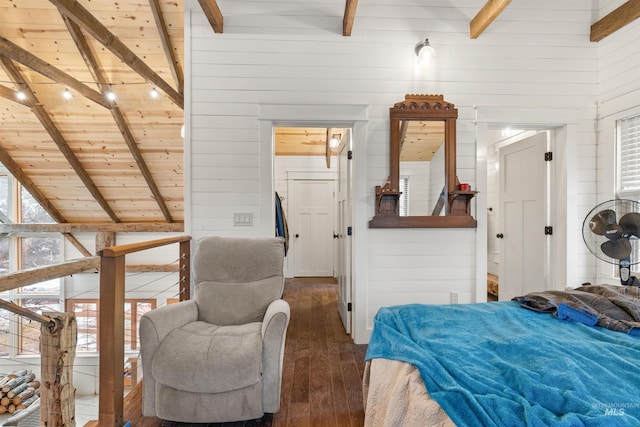 bedroom featuring dark wood-type flooring, wooden ceiling, beamed ceiling, high vaulted ceiling, and wood walls