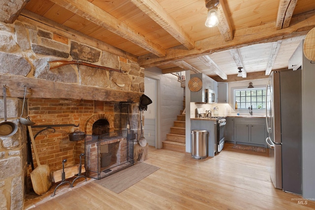 living room with beam ceiling, sink, wood ceiling, and light wood-type flooring