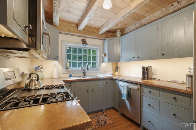 kitchen featuring stainless steel dishwasher, sink, beam ceiling, wooden ceiling, and gray cabinets