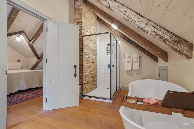 bathroom featuring separate shower and tub, vaulted ceiling with beams, wood ceiling, and hardwood / wood-style flooring