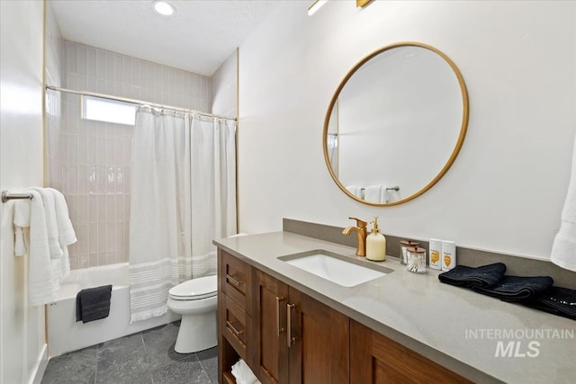 full bathroom with vanity, toilet, and shower / bathtub combination with curtain