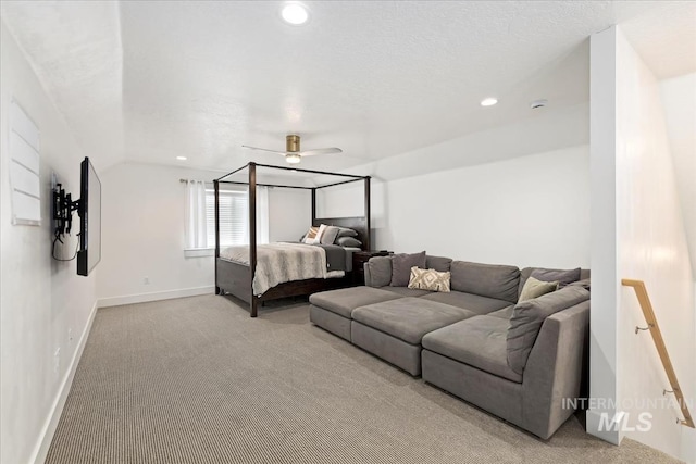 bedroom featuring light colored carpet and ceiling fan